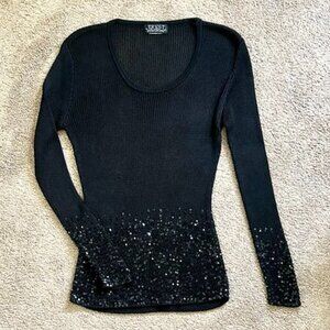 Black Sequin Long Sleeve Fitted Knit Top